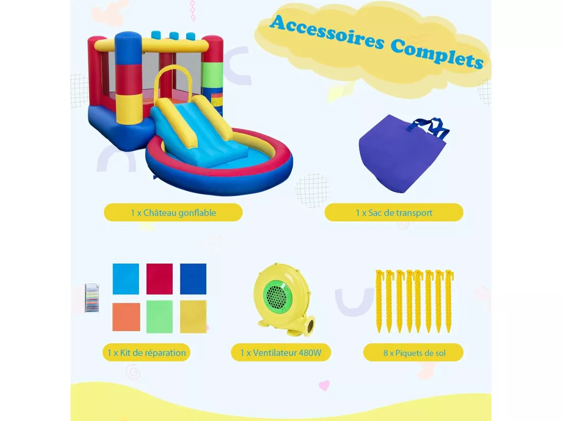 4 en 1 Château Gonflable Enfants avec Toboggan et Souffleur 480W, Maison de Rebond Gonflable avec Piscine et 50 Boules, Thème Puzzle, Parc Aquatique, Charge Max 90kg, 3 Ans+