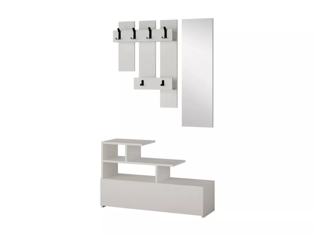 Meuble d'entrée blanc avec porte manteau, rangement et miroir MESTY