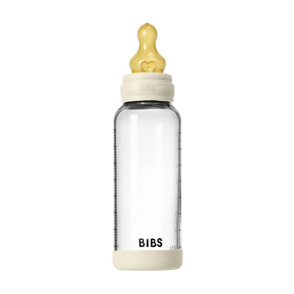 BIBS Glazen Babyfles - 240 ml - Ivory - met latex speen en opvouwbare trechtertje