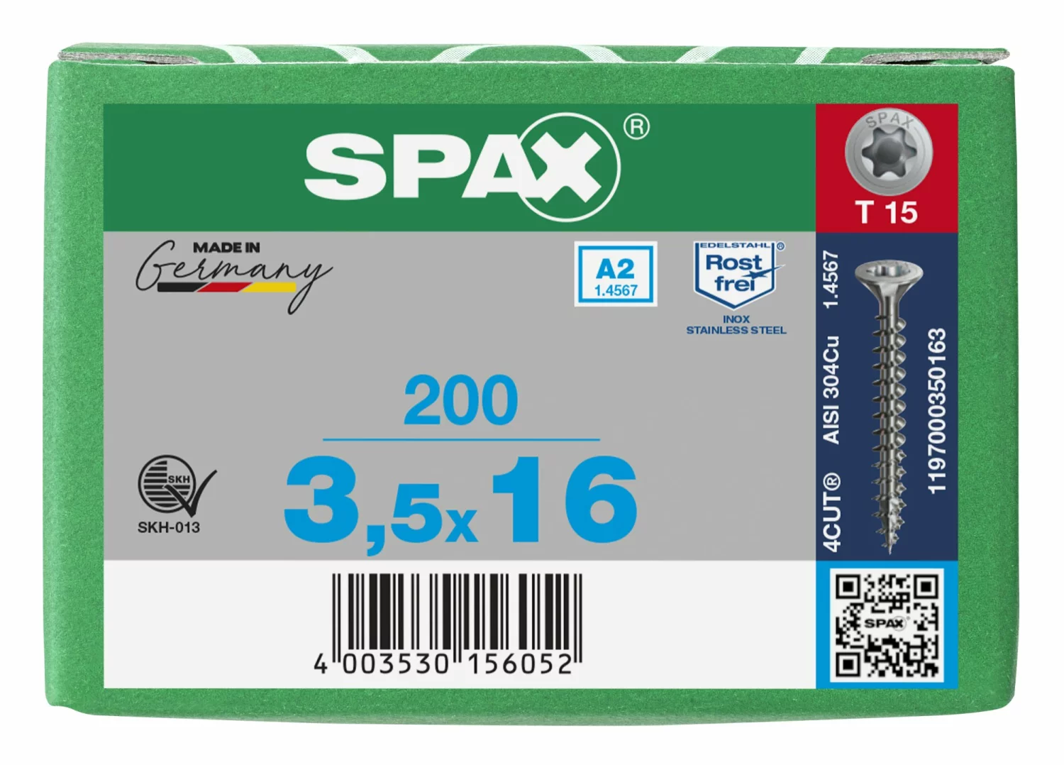 SPAX 1197000350163 Roestvaststalen schroef, Verzonken kop, 3.5 x 16, Voldraad, T-STAR plus TX15 - blank - 200 stuks