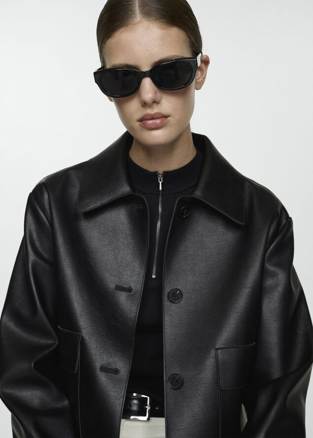MANGO Faux leather jacket with pockets Black