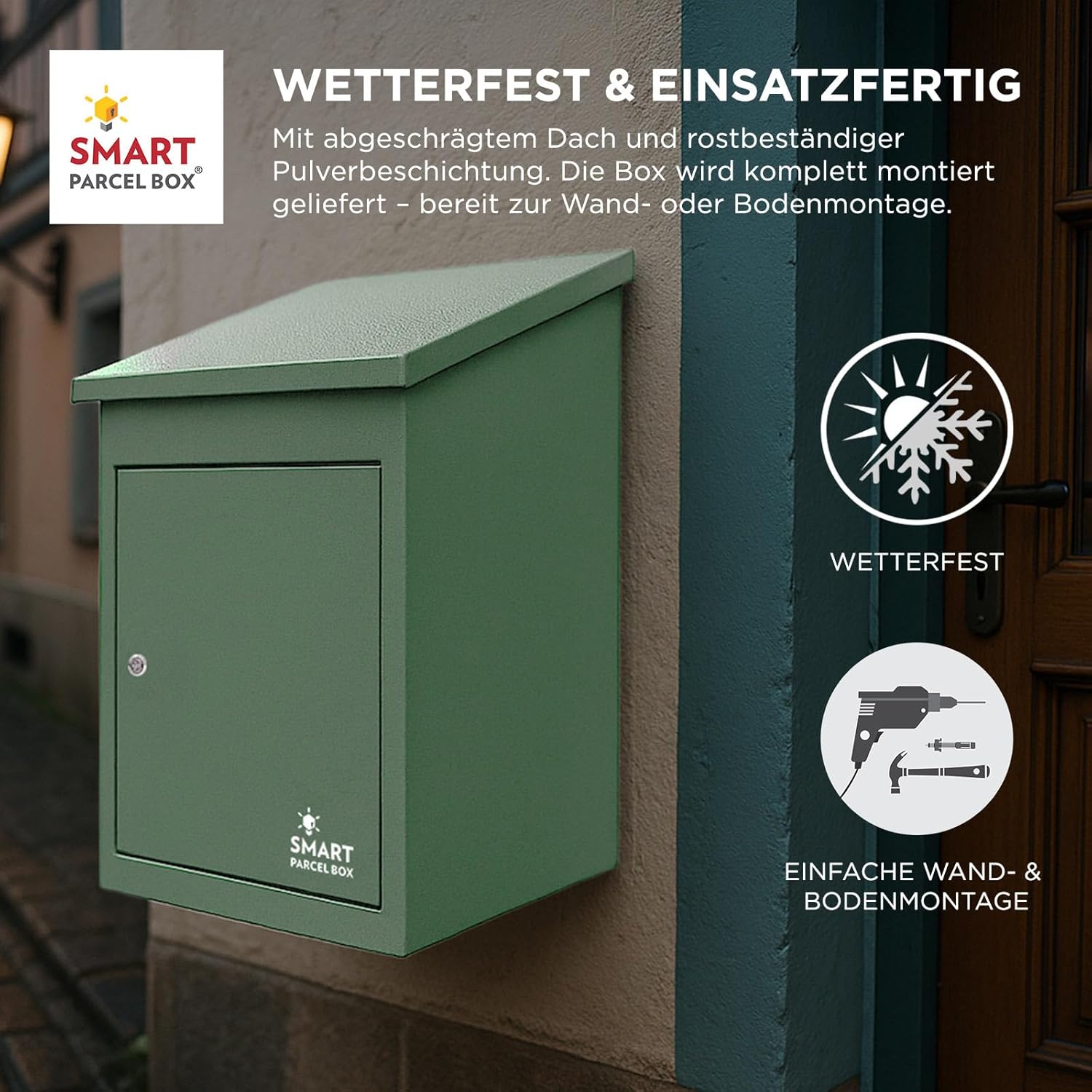 SMART PARCEL BOX Paketbox, Paketbriefkasten Wandmontage, Briefkasten mit Paketfach, Postbox für Pakete Outdoor mittelgroß, Paketkasten rostfrei verzinkter Stahl, 3 Schlüssel, 44x35x58 cm, grün