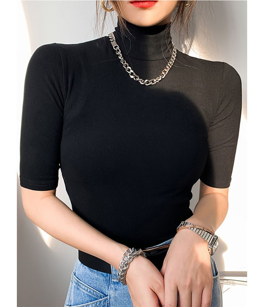 Sensarra - Effen T-shirt met hoge hals en elleboogmouwen