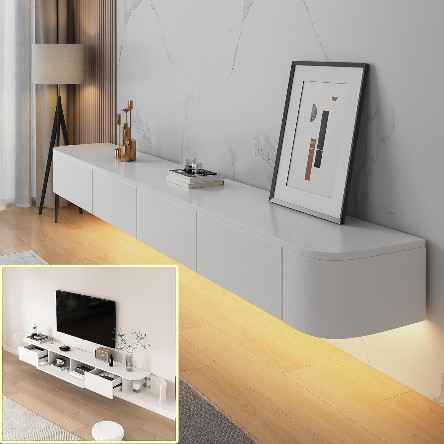 Multimedia-Konsole für schwebende TV-Wand, große Aufbewahrungsbank unter TV, Lowboard mit Schubladen und Router-Halterung, (Weiß B + LED, 160 x 20 x 30 cm)