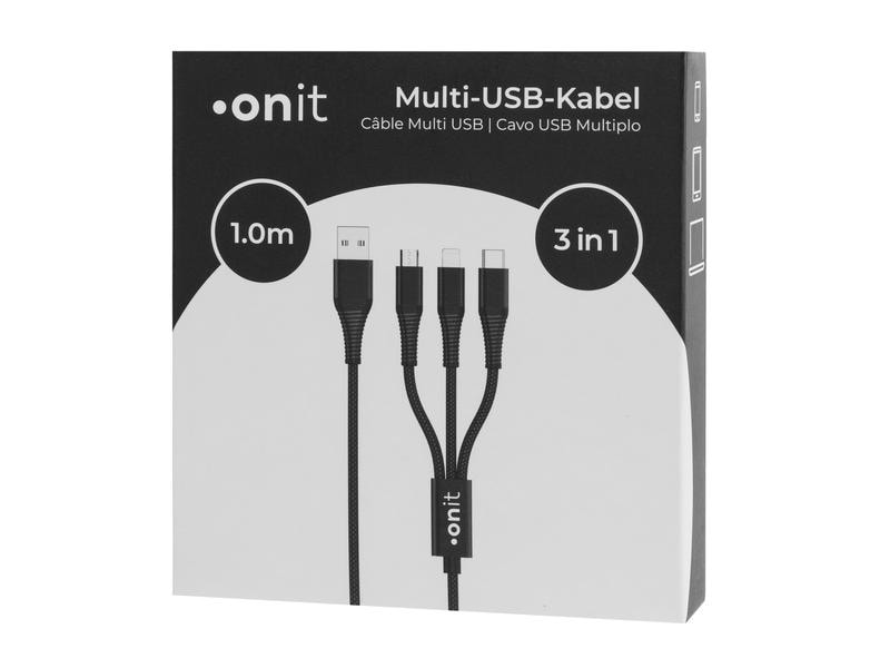 onit USB-Ladekabel USB A - Lightning/Micro-USB B/USB C 1 m Verbindungskabel mit geflochtener Nylonummantelung