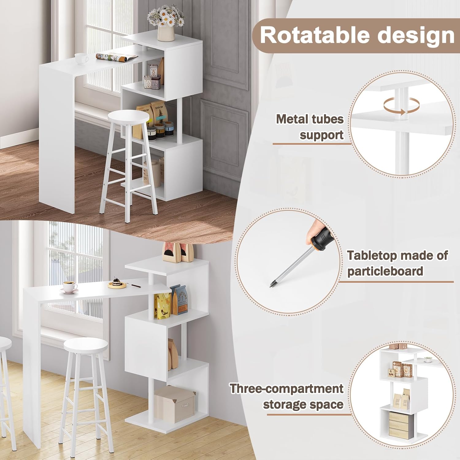 WOLTU Bartisch Stehtisch Bistrotisch Bartheke Tresentisch, mit 3 Ablagefläche, drehbar, Metall, MDF, 134x112x38cm(BxHxT), Weiß