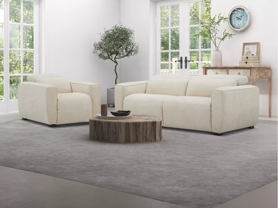 Canapé 3 places et fauteuil relax électrique en tissu beige LAGUNDI