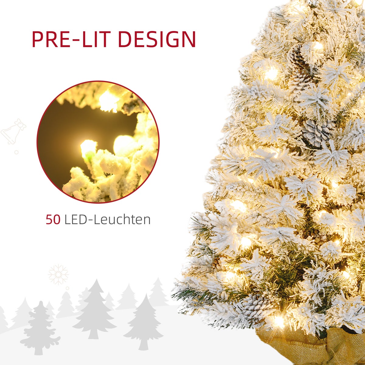 HOMCOM Kunstkerstboom, 90 cm kerstboom met 133 tips, 50 warmwitte LED-lampjes, betonnen voet, voor kerstversiering, groen