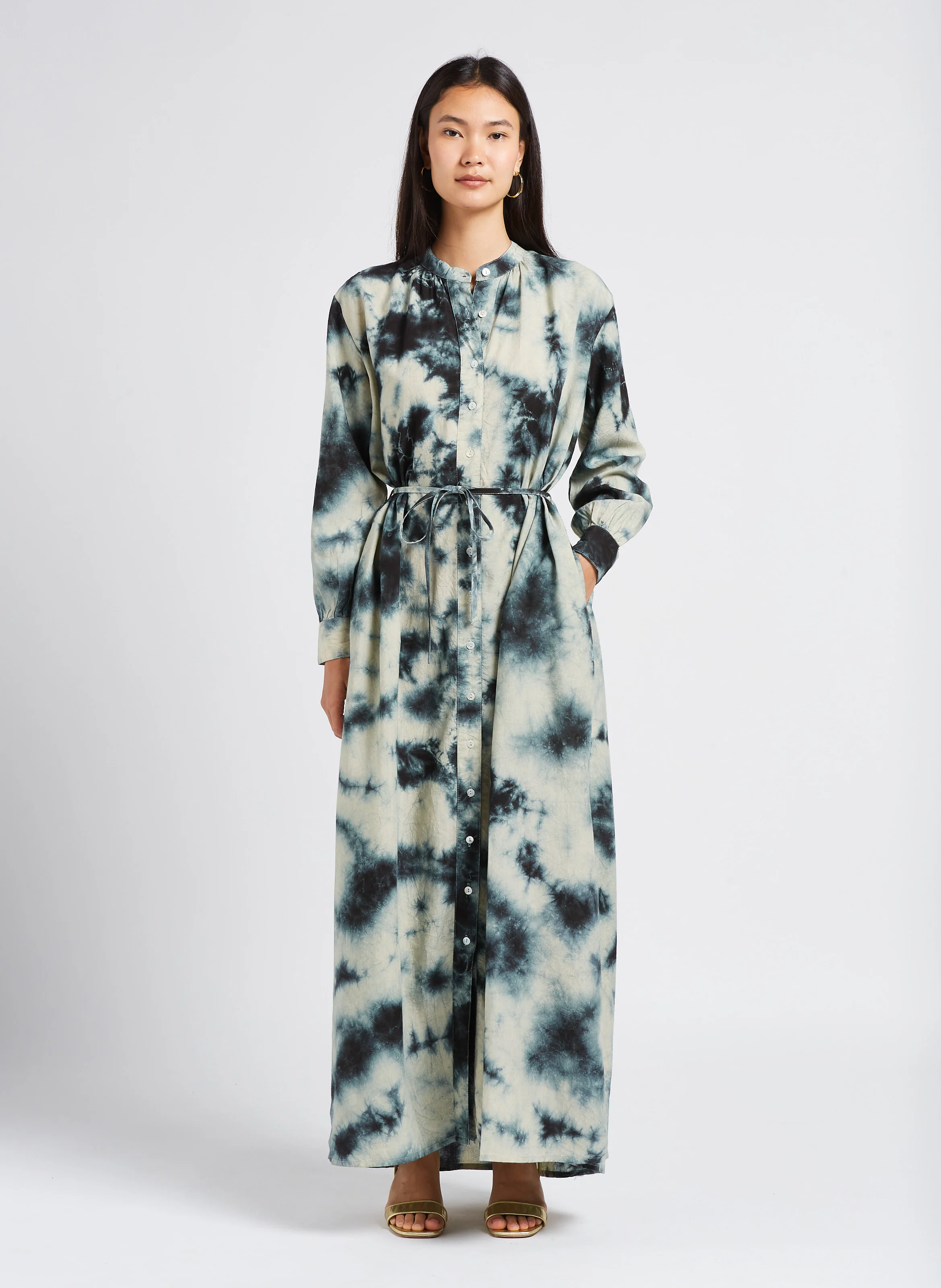 JADE - Robe longue col rond imprimée| Beige