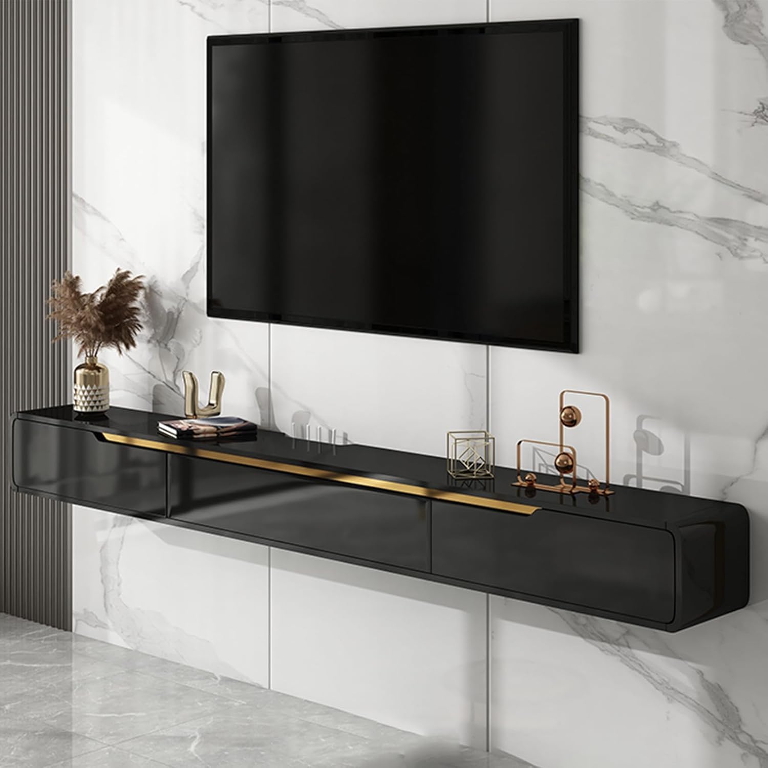 Massivholz TV Lowboard Hängend, TV Schrank hängend mit 2 Schubladen TV Board hängend Hängeschrank Wandregal komplett montiert (schwarz, 180cm)