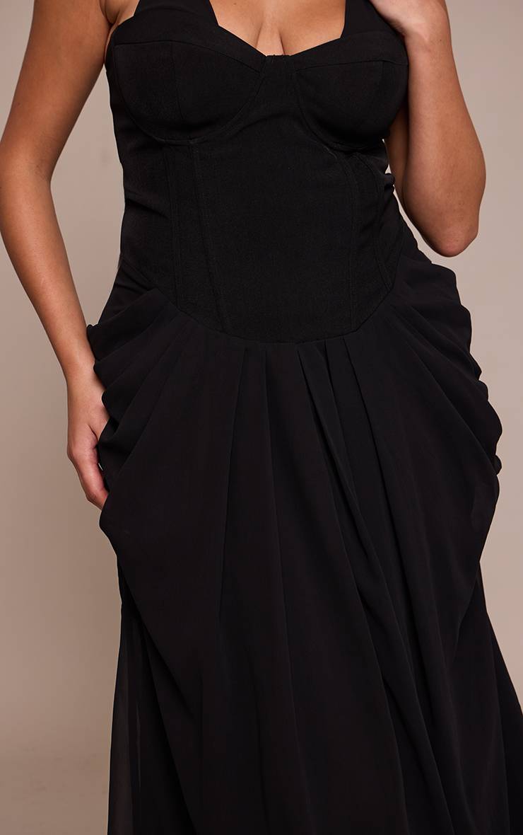 Noir Robe Midi Corset Grande Taille Avec Détails Drapés En Mousseline