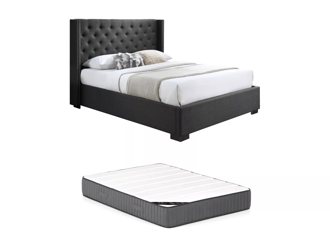 Lit 140 x 200 cm avec tête de lit capitonnée - Tissu - Gris + Matelas - MASSIMO