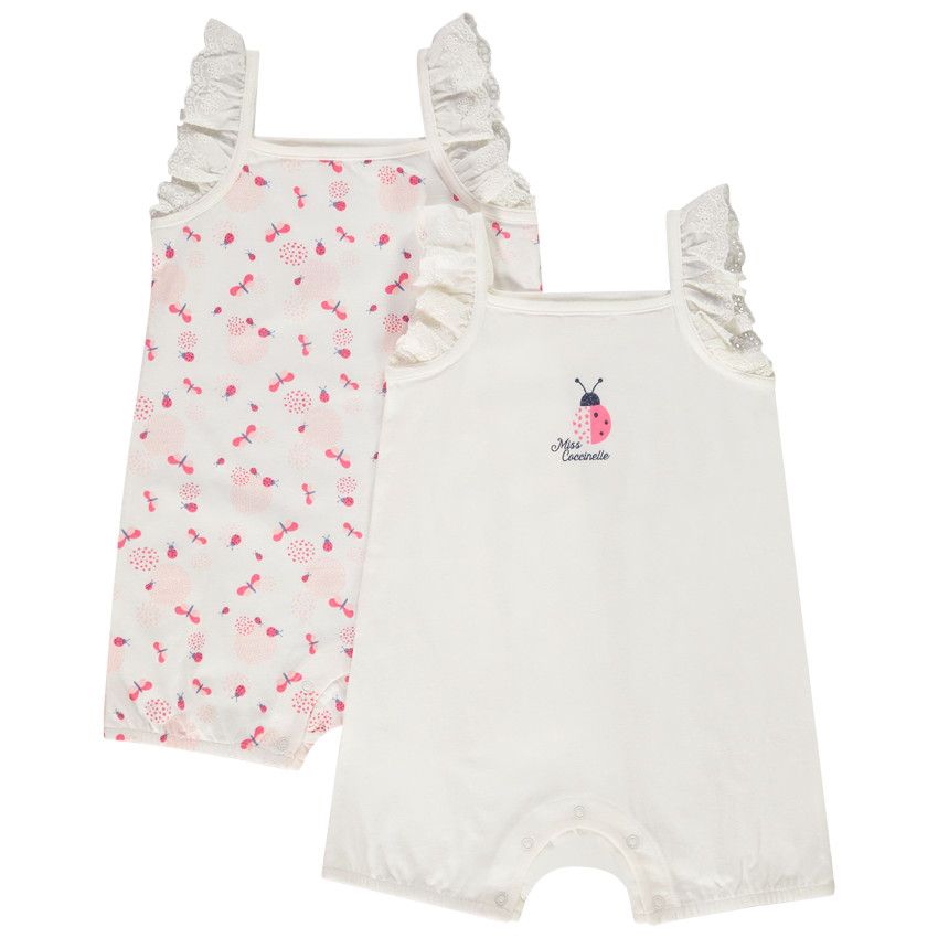 Lot de 2 combi-courtes à bretelles volantées et brodées pour bébé fille - Ecru