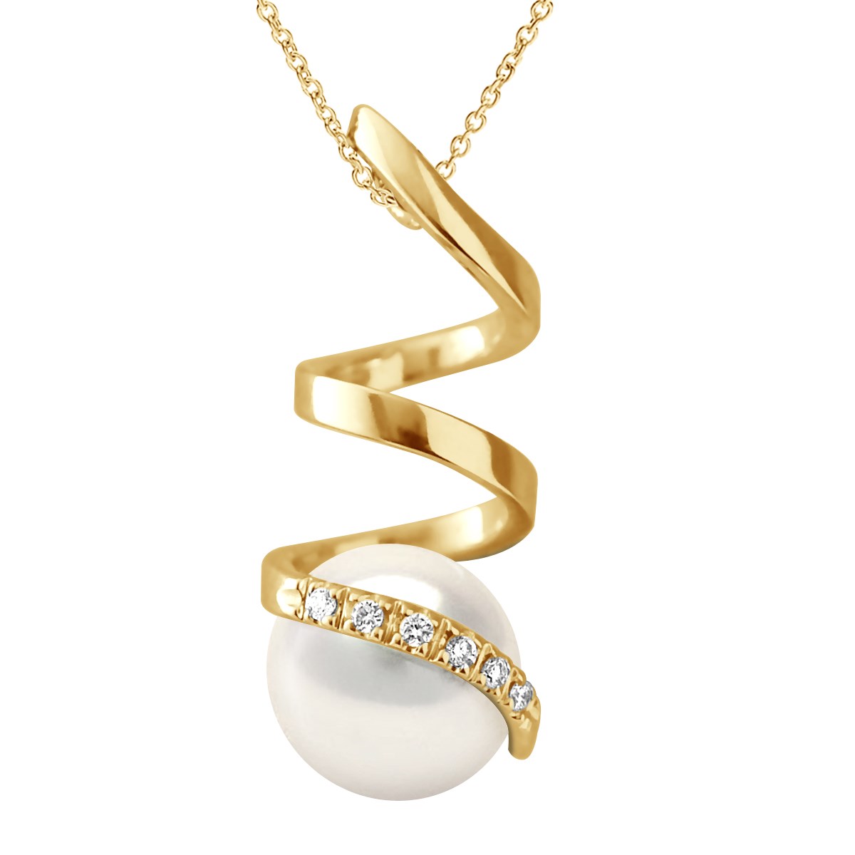 Pendentif Diamants 0,060 Cts Perle de Culture d'Eau Douce Ronde 7-8 mm Blanche Or Jaune