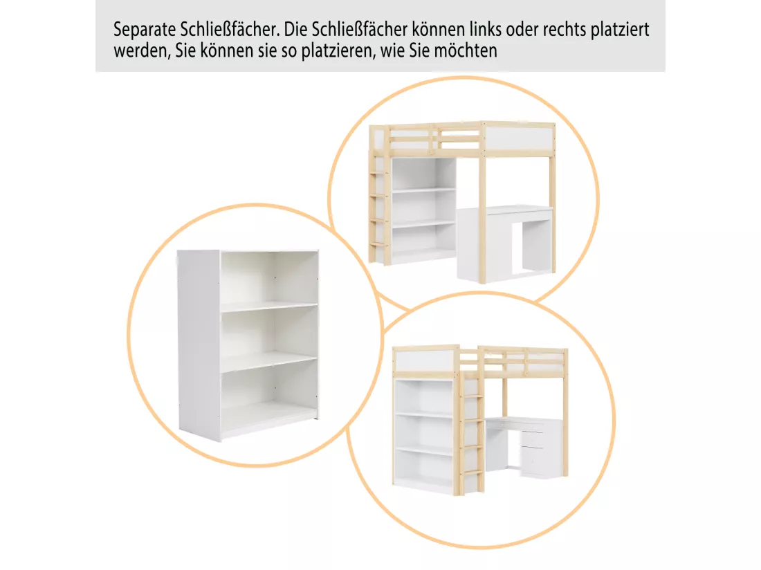 Lit mezzanine 90 x 200 cm avec armoire de rangement et bureau d'ordinateur - bois massif et MDF - naturel et blanc (sans matelas)