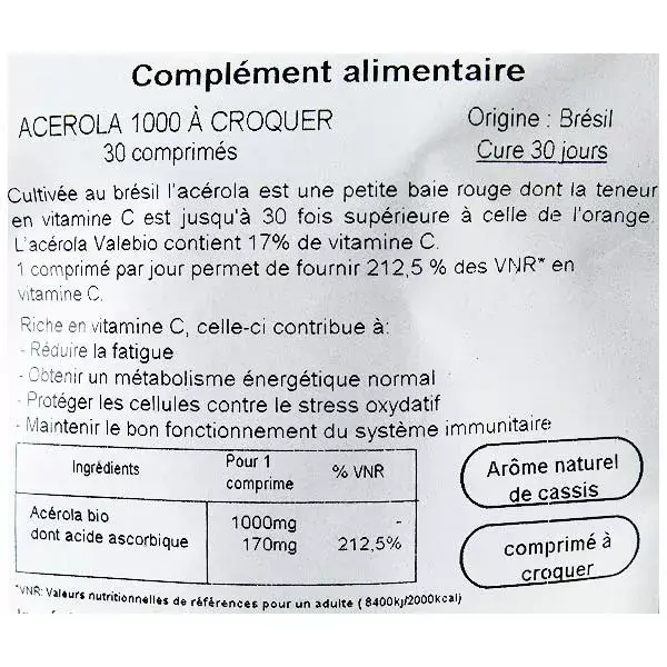 Valebio Acerola 1000mg Comprimidos Mastigáveis Sabor Groselha Preta Orgânica 30 comprimidos