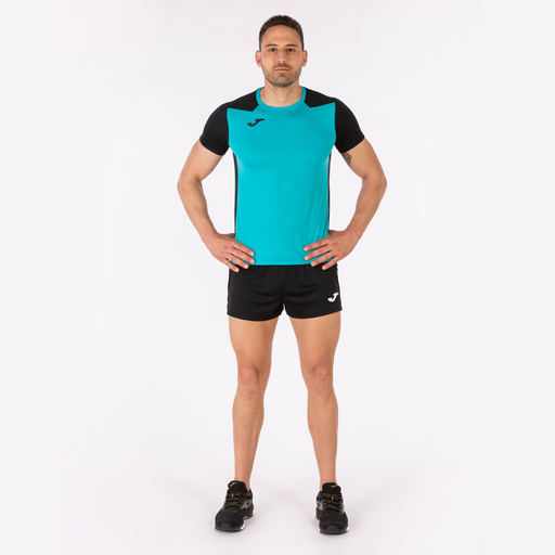 Camiseta Joma Record II preta e turquesa de manga curta