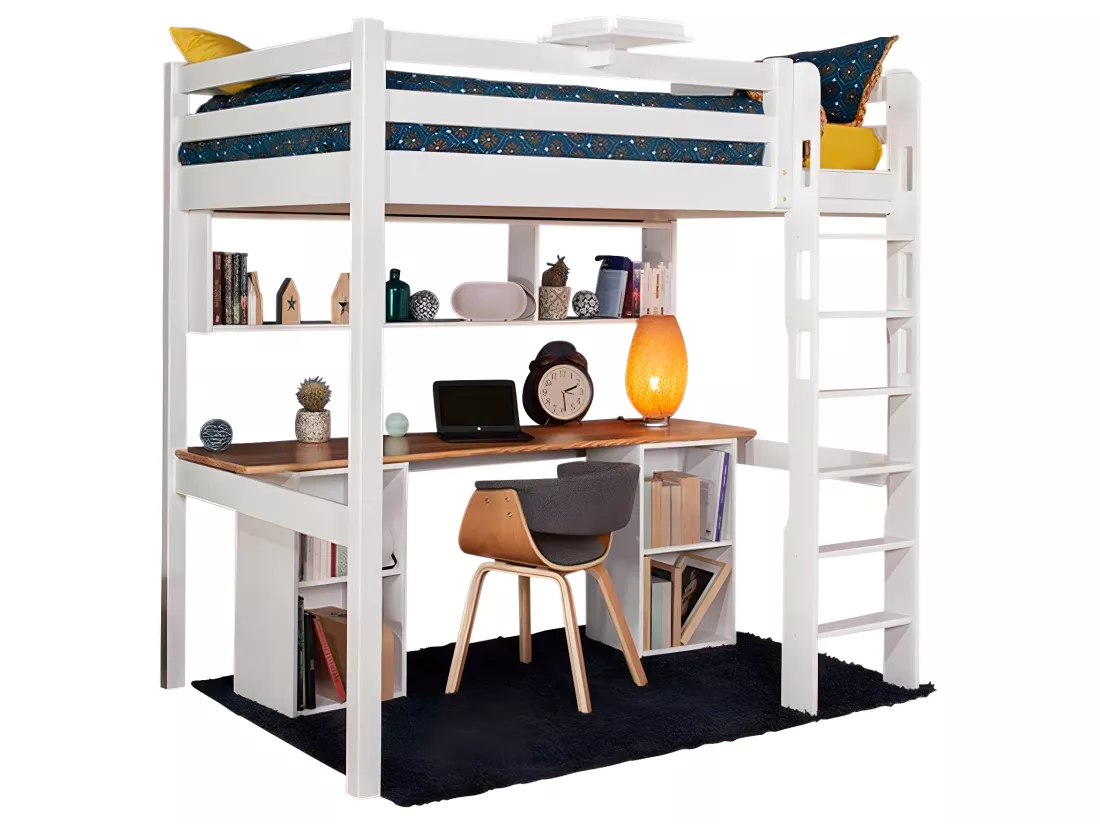 Lit mezzanine 90x190 cm bois massif blanc ORPHÉE