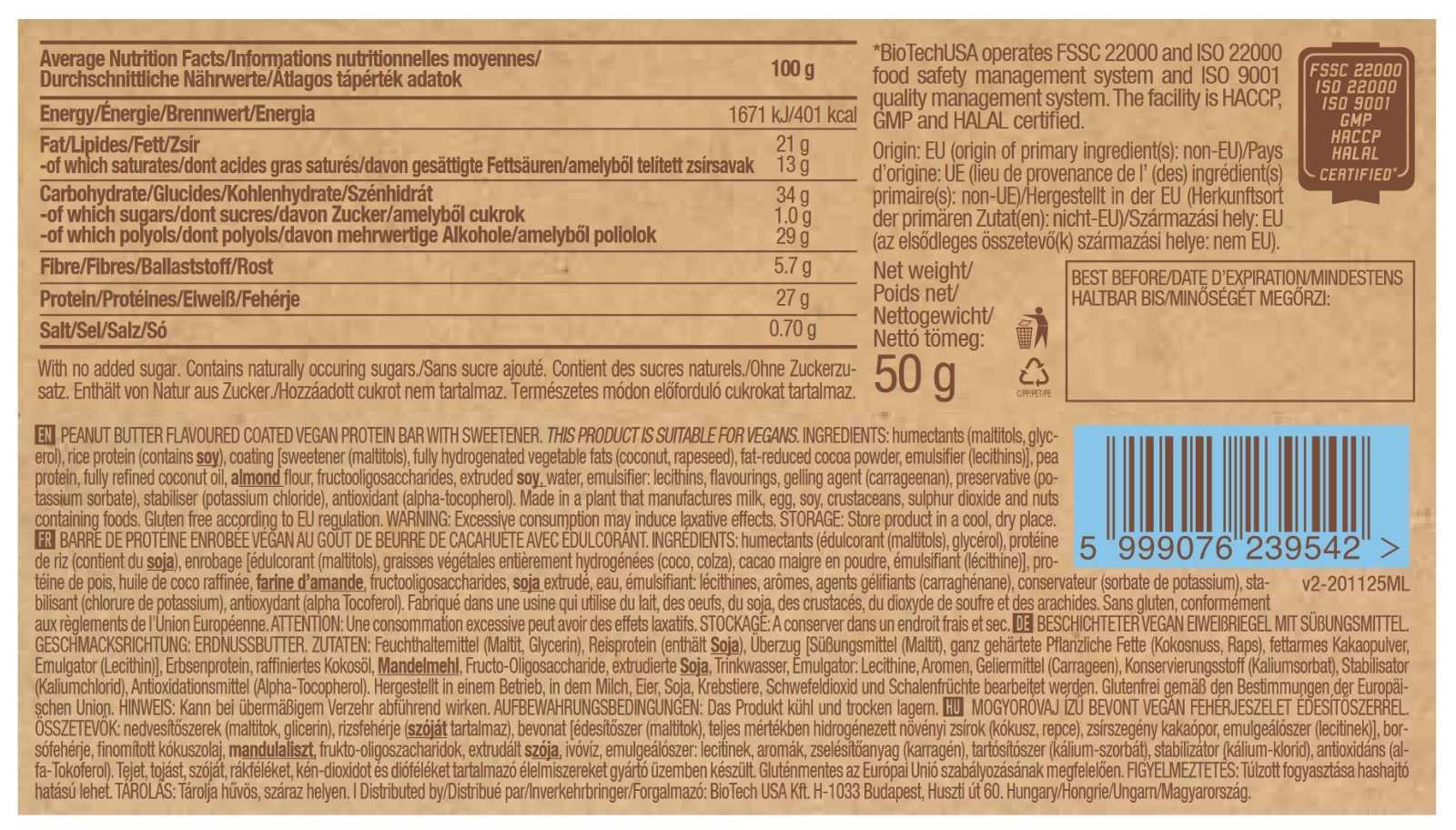 Barra de proteína vegana Biotech USA 50g