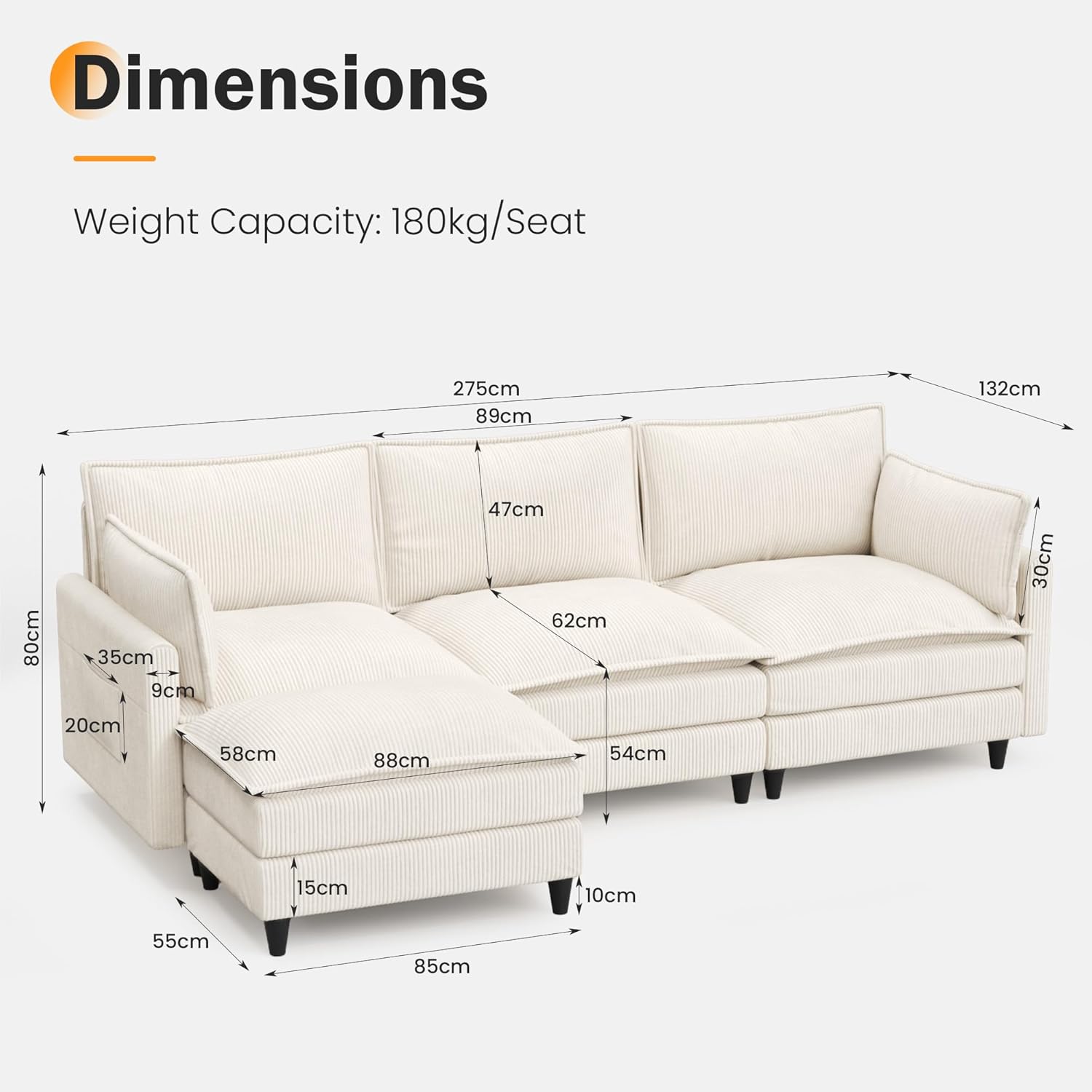 APICIZON Sofa mit Schlaffunktion, Cloud Couch, Sofa L Form, Eckcouch-275x132x80cm, Sofas XXL, Wohnzimmer Cord Schlafcouch, Seitliche Magazin-Aufbewahrungstasche, Beige