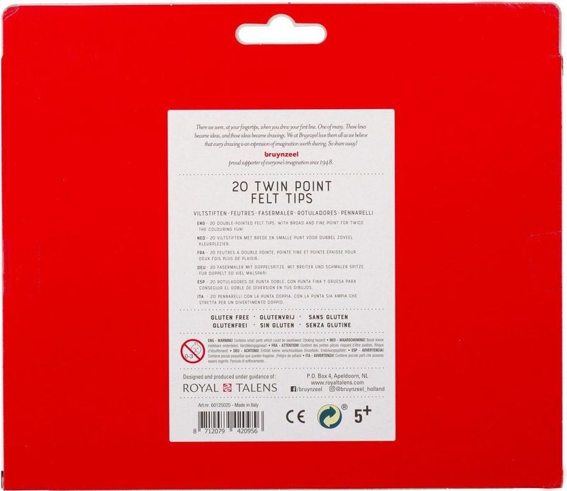 Bruynzeel - Kids Twin Point - Viltstiften Set 20 - Diverse Kleuren - Waterbasis Inkt