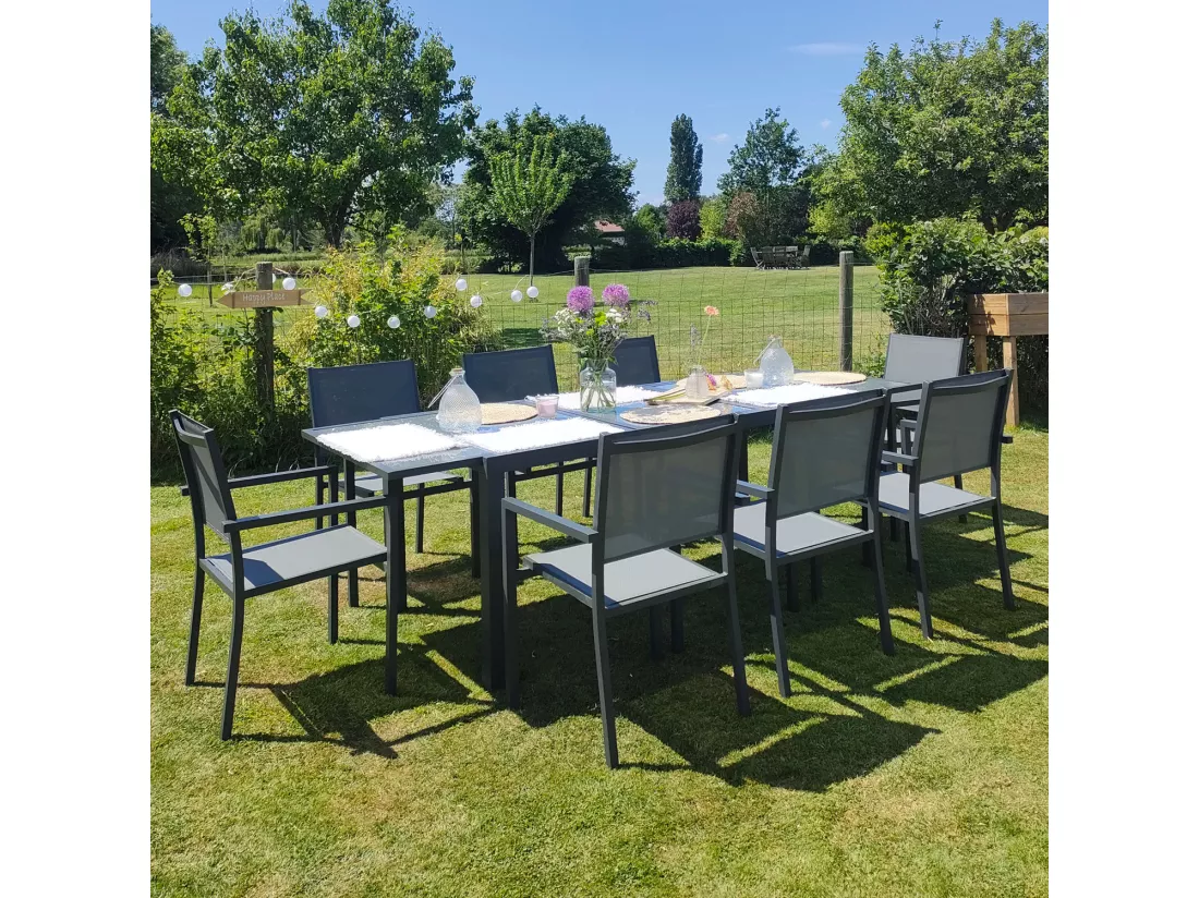 Salon de jardin FIRENZE extensible en textilène gris 8 places - aluminium anthracite - HAPPY GARDEN