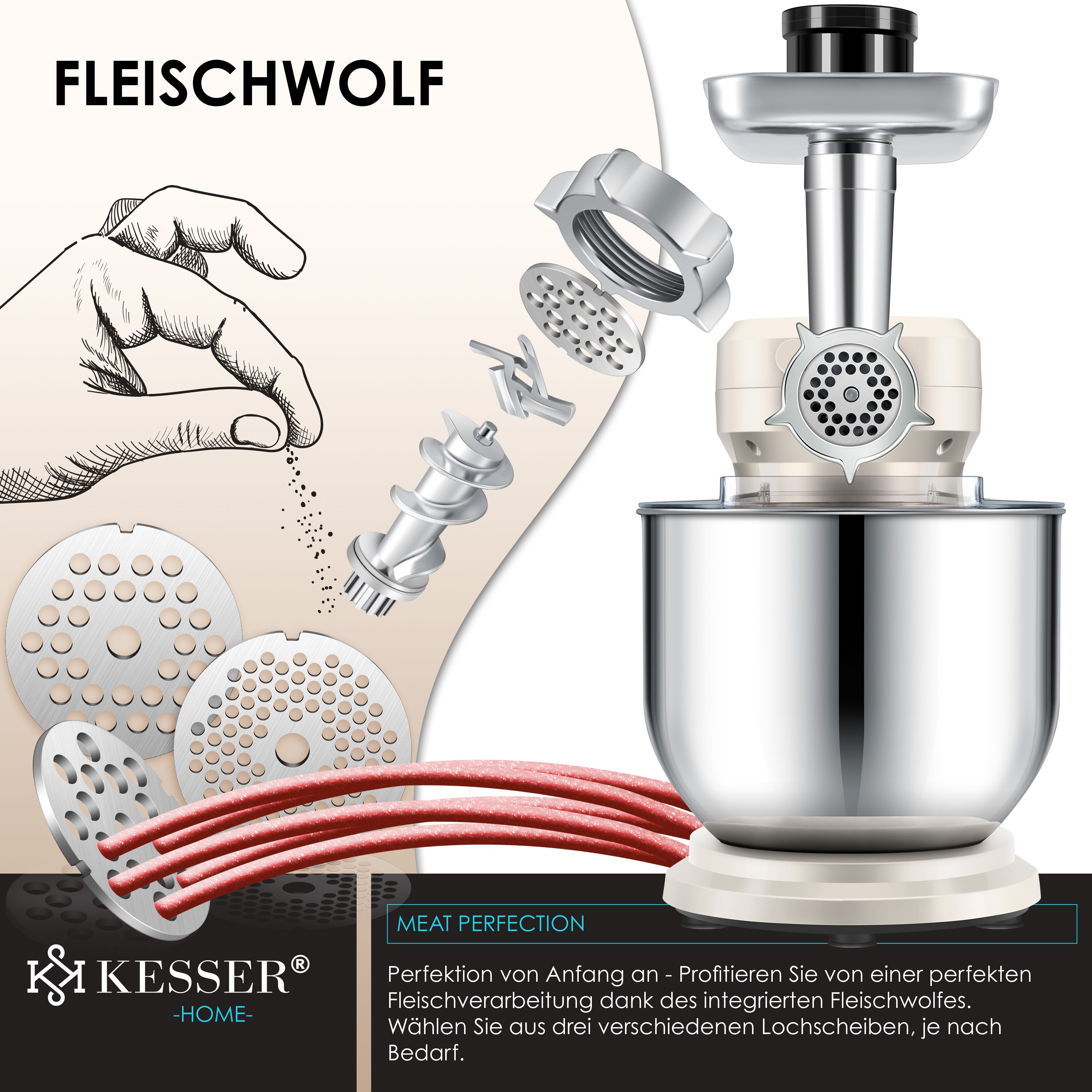 KESSER® 3 in 1 Universal Küchenmaschine K-KM 3000 mit Fleischwolf Knetmaschine Multifuntionale Rührmaschine 5,5L Schüssel mit 3 Rührwerkzeuge 1,5L Entsafter Wurst Set Pasta & Plätzchenformen