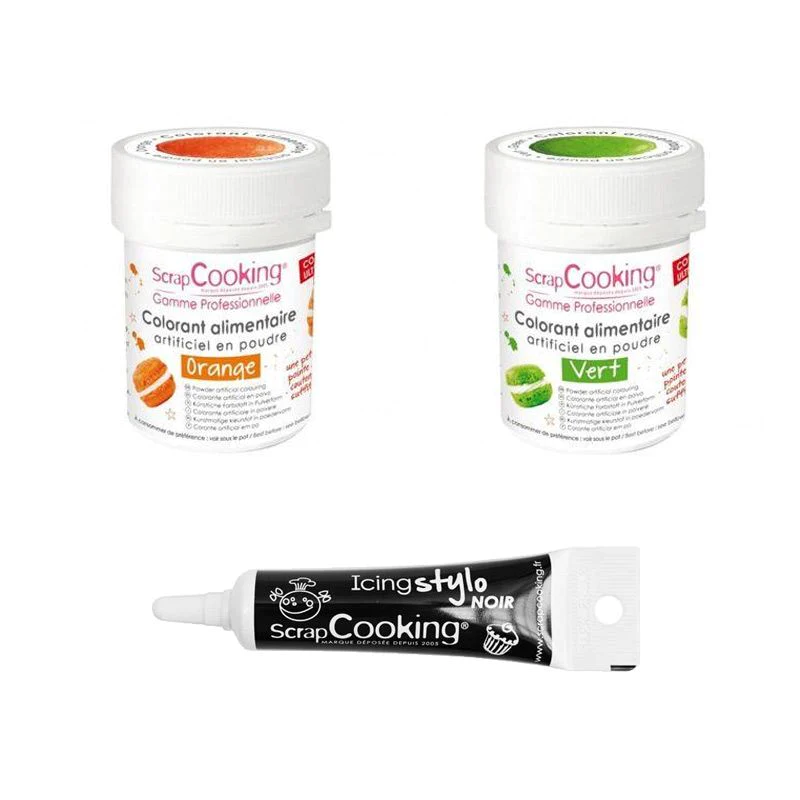 2 colorants alimentaires vert-orange + Stylo glaçage noir Scrapcooking