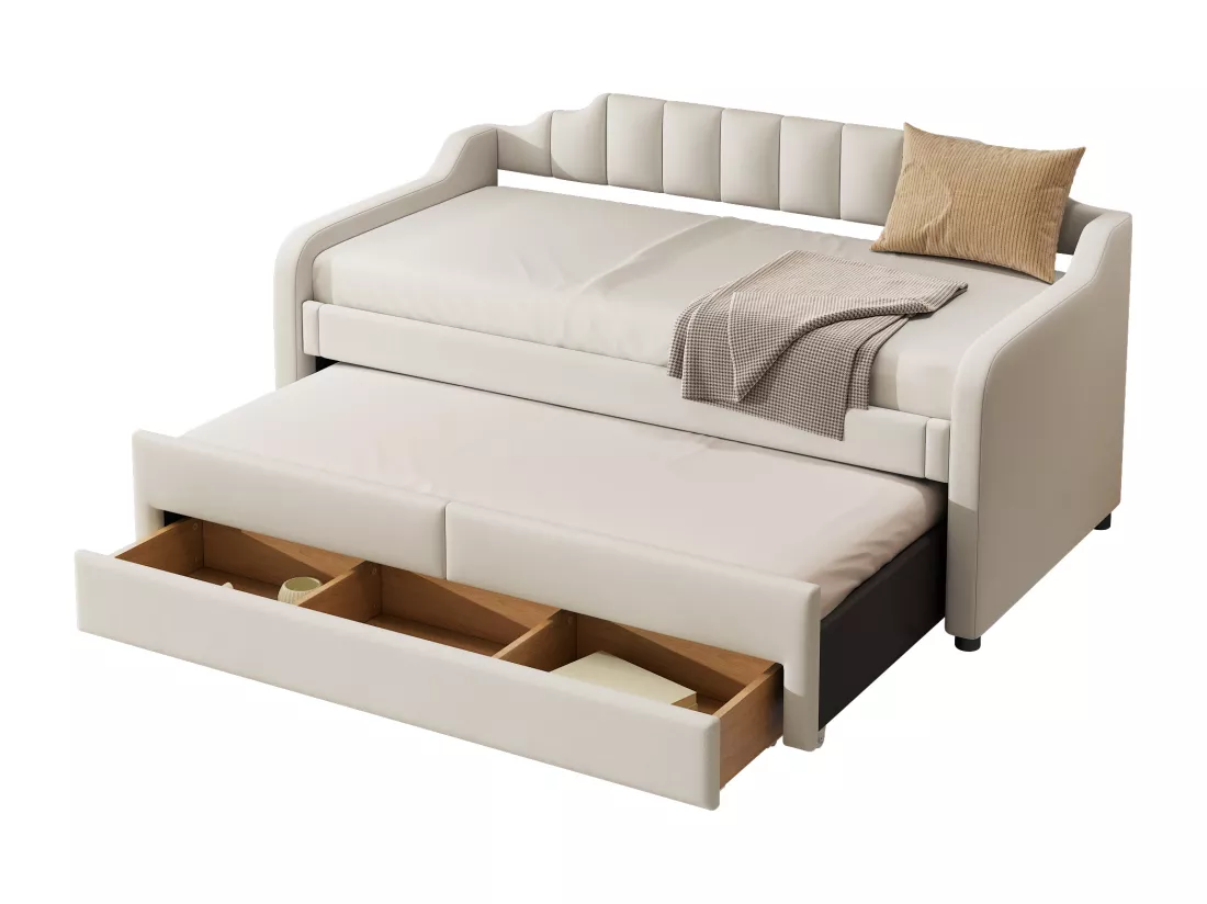 Lit banquette avec tiroirs rembourré en lin - 90x200cm + 90x190cm - Beige