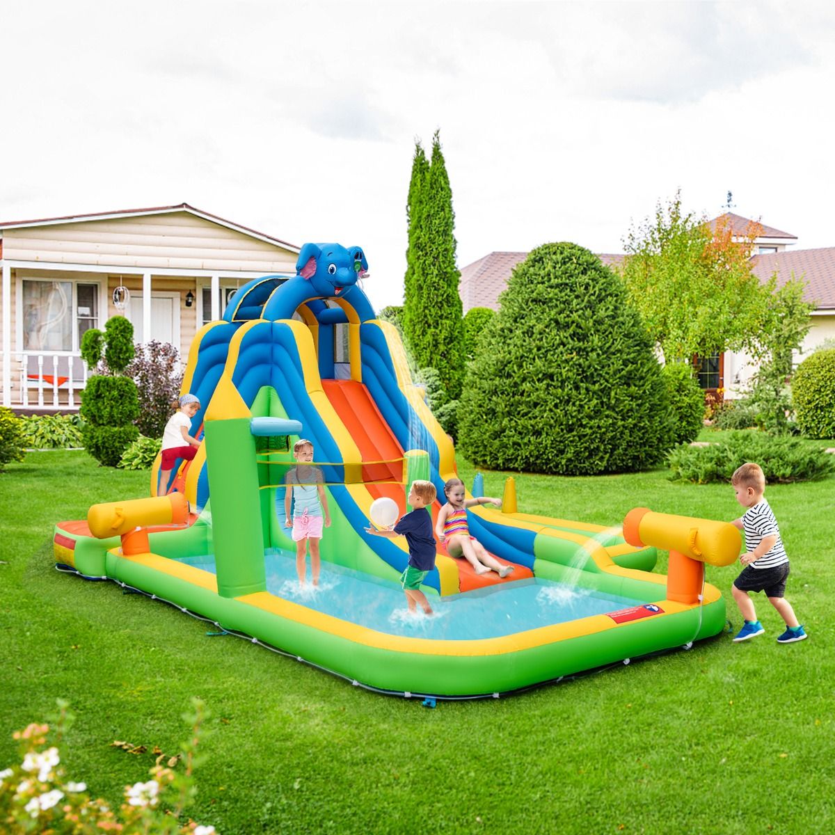 Toboggan Aquatique Gonflable Géant pour Enfants Piscine à Éclaboussures sures Mur D'escalade Canons à Eau Lancer D'anneaux Cerceau (sans Souffleur) Multicolore - Lidl-Manfred