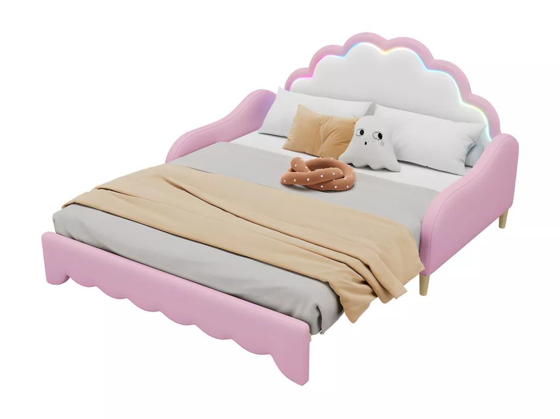 Lit enfant tirable en similicuir - 140x200cm - avec LED et télécommande - Rose (équipé d'un matelas)