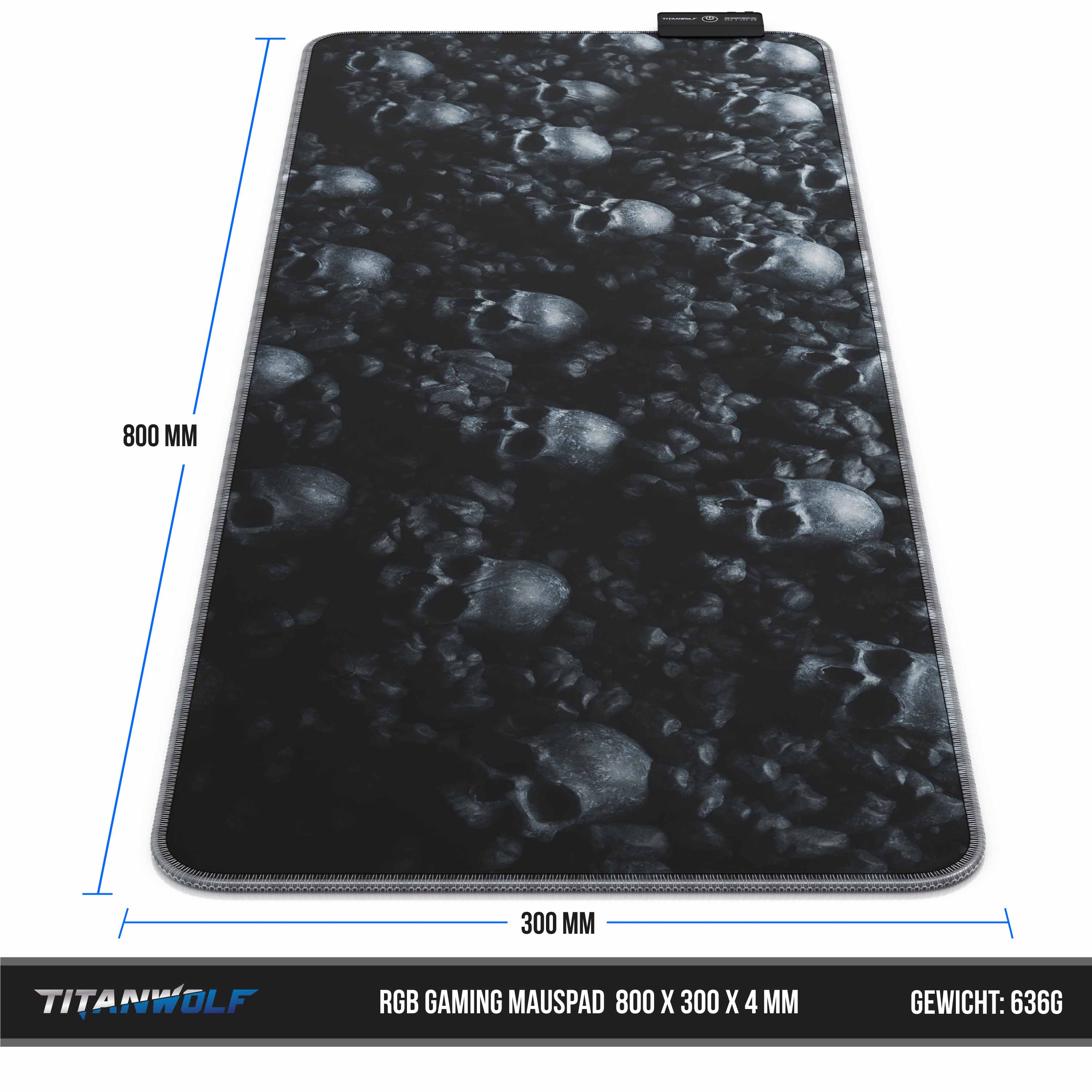 Titanwolf RGB Gaming Mauspad, Mousepad XL 800 x 300mm verbessert Präzision & Geschwindigkeit, Skulls