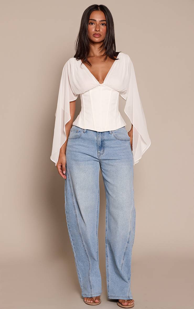 Blanc Haut Petite En Mousseline À Manches Drapées Et Taille Corset
