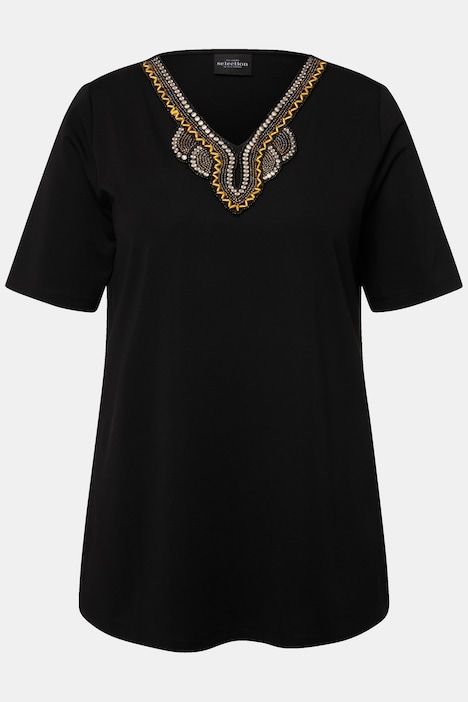 T-Shirt, Stickerei, A-Linie, Tunika-Ausschnitt, Halbarm