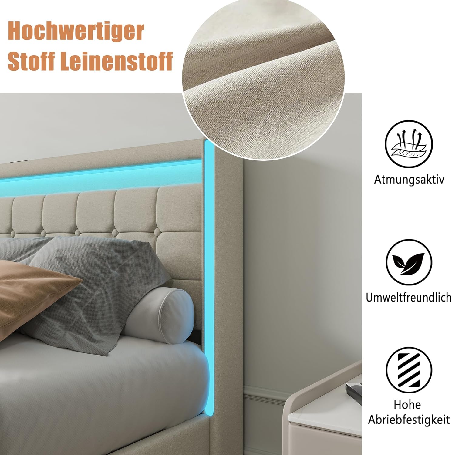Polsterbett 140x200 cm mit LED-Kopfteil, Doppelbett mit USB-Ladefunktion und Lattenrost, 4 praktischen Schubladen und stilvollem Design, Ideal für Jugendzimmer und Moderne Räume, Ohne Matratze