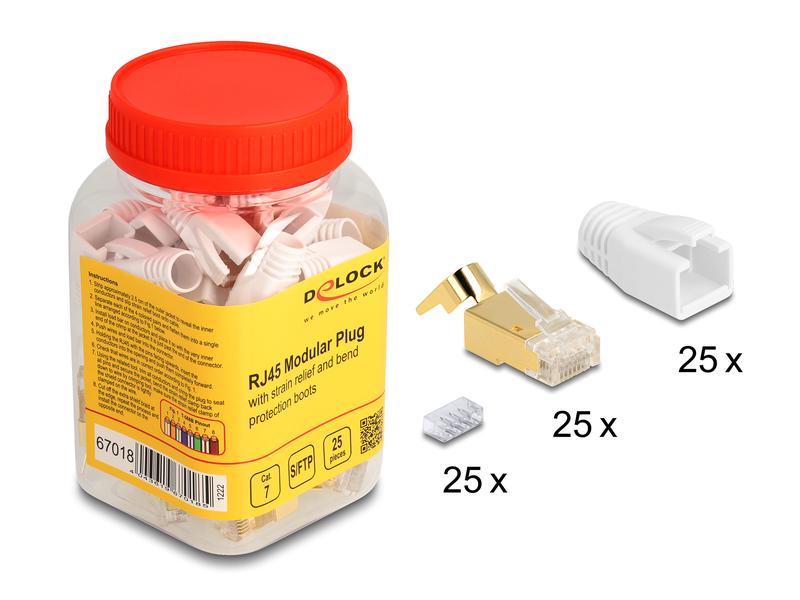 Delock Stecker RJ45, S/FTP, Cat.7 25 Stück, Transparent Delock RJ45 Modularer Stecker mit Zugentlastung und Knickschutztülle für Cat.7 Rundkabel 25er Set