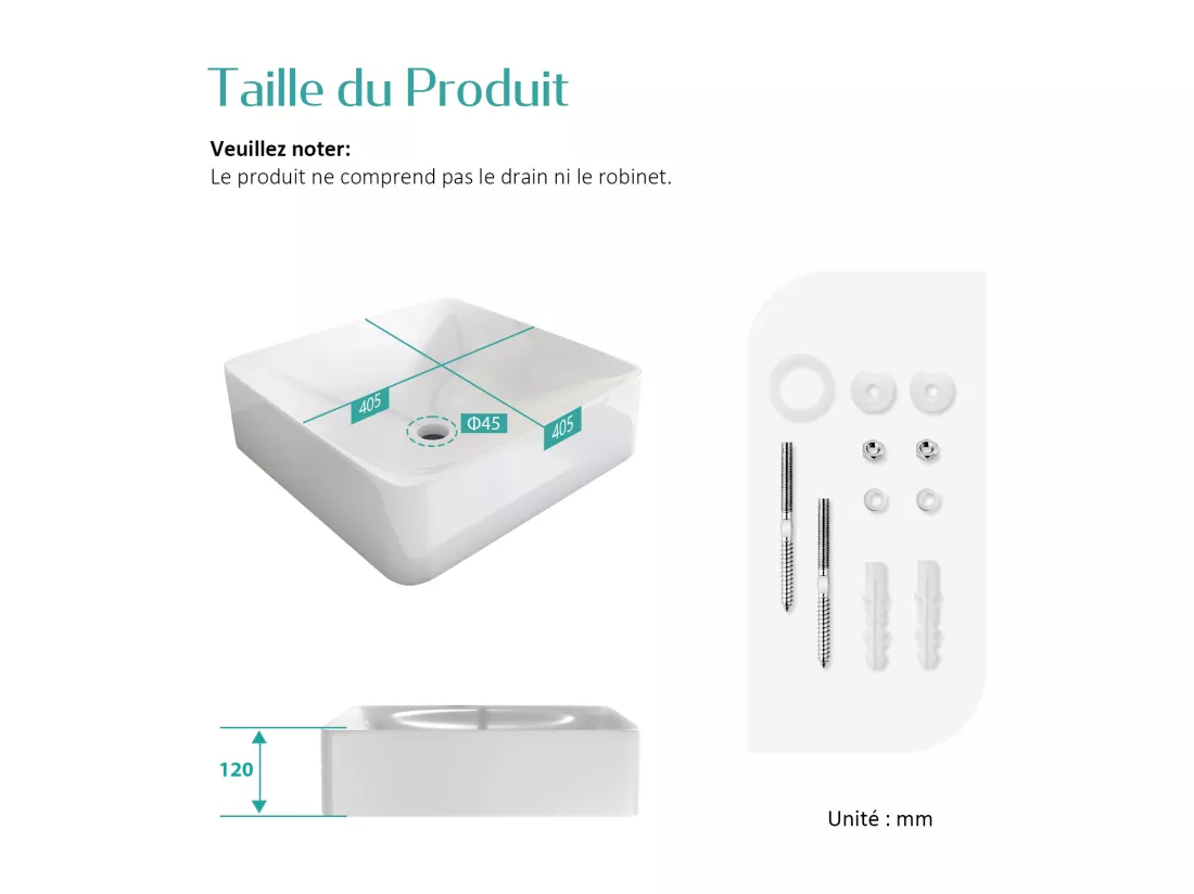 EMKE Vasque à Poser en céramique 59,5×39,5×12cm, Lavabo salle de bain rectangulaire, Lavabo à poser blanc brillant