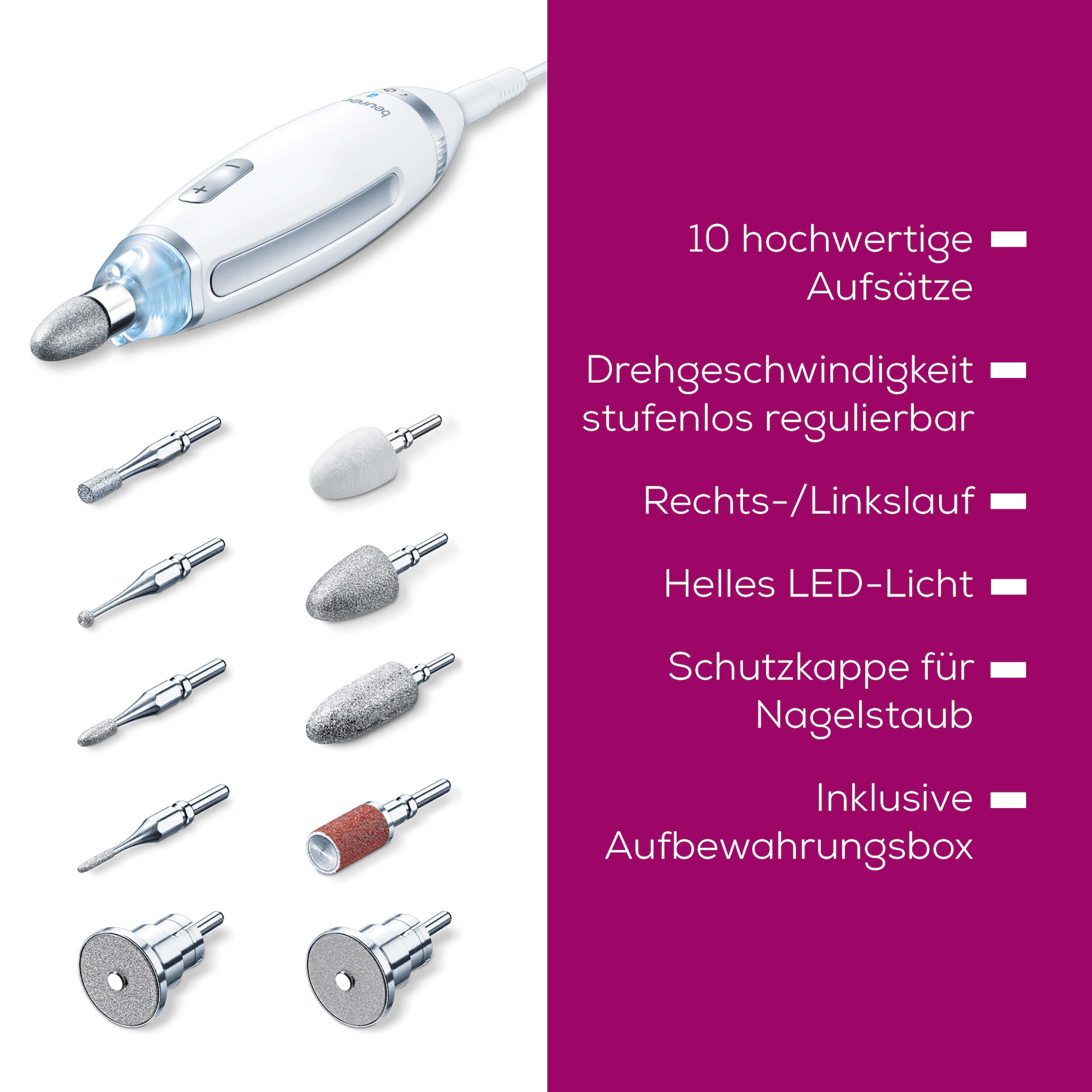 BEURER Maniküre-Pediküre-Set »MP 62 elektrische Nagelfeile für Maniküre und Pediküre zuhause« Mit 10 Aufsätzen, LED-Licht und Aufbewahrungstasche