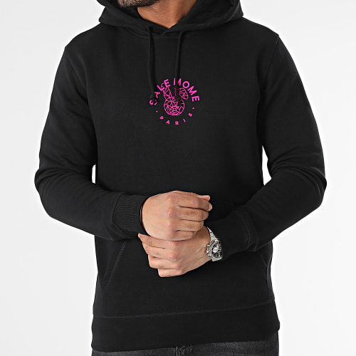 Sweat Capuche Lapin Diamanté Noir Rose Fluo