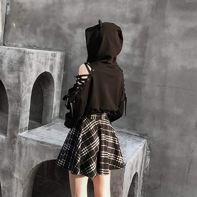 (Gr. M) Schulterfreier Pullover Gothic Sweater Bauchfreier Hoodie mit Katzenohren - Schwarz