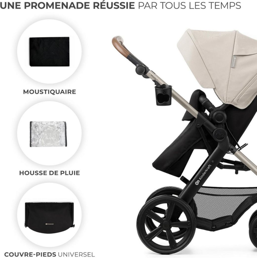 Poussette 3-en-1 Kinderkraft MOOV2, système de voyage de la naissance à 27 kg, siège auto Mink PRO I-Size inclus, pare-soleil extensible avec filtre UPF50+, accessoires pratiques, gris