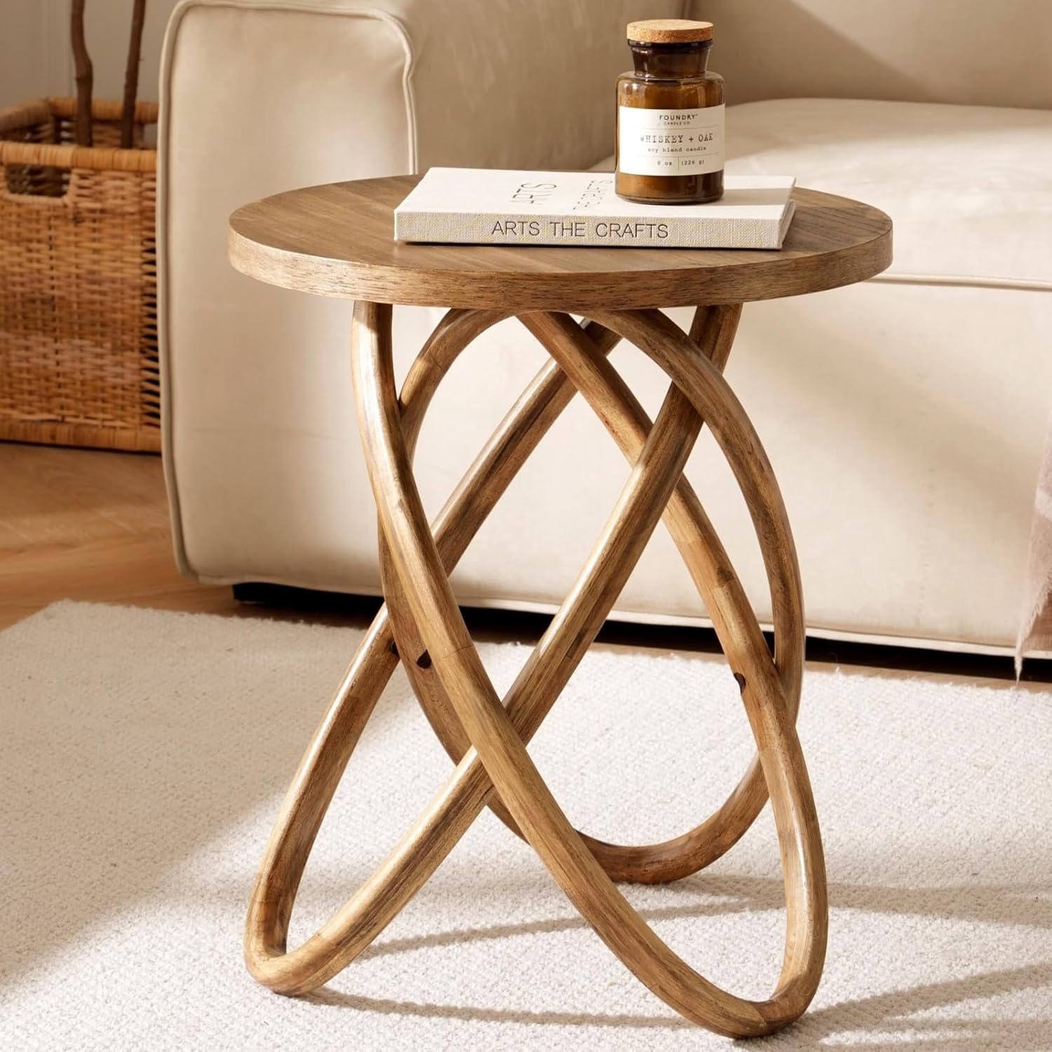 Beistelltisch Rund,Couchtisch Klein,Wohnzimmertisch Holz,Sofatisch für Wohnzimmer und Schlafzimmer,Moderner Nachttisch Klein mit 3 Elliptischen Beinen,Ø46x56 cm, Braun