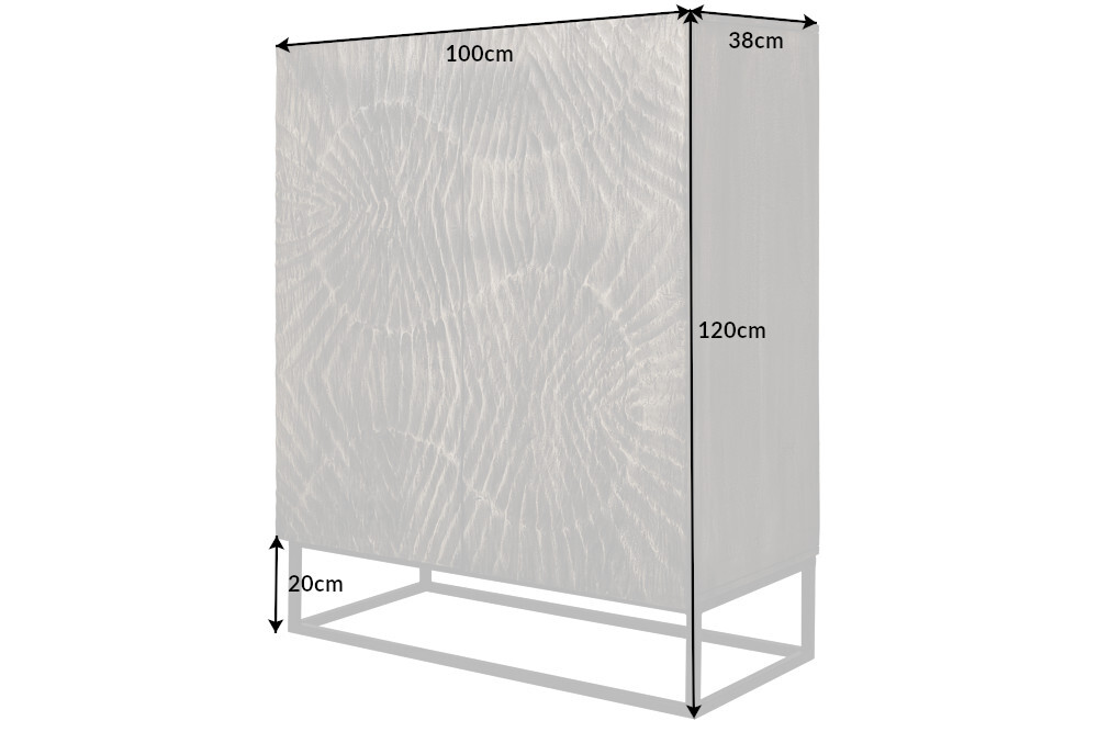 Massives Highboard SCORPION 120cm grau Akazie aufwendige 3D Schnitzereien