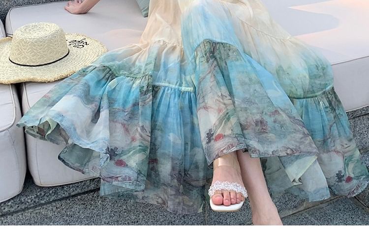 Moanum - Mouwloze maxi-A-lijnjurk met mock-neckprint