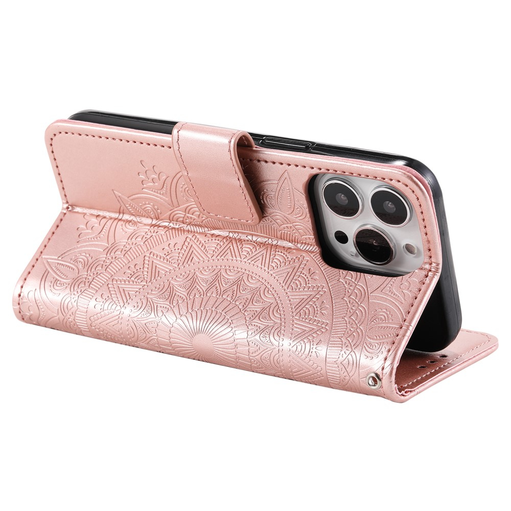 iPhone 15 Pro Max Leder Tasche Wallet - Mandala Flowers Imprint - Roségold