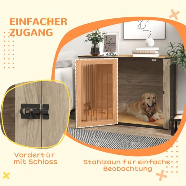 Hundeburmøbler, hundeboks med dør og vindu, sidebord til hjemmet, hundehus for store hunder under 30 kg, stål, 106 x 60 x 76 cm, eik