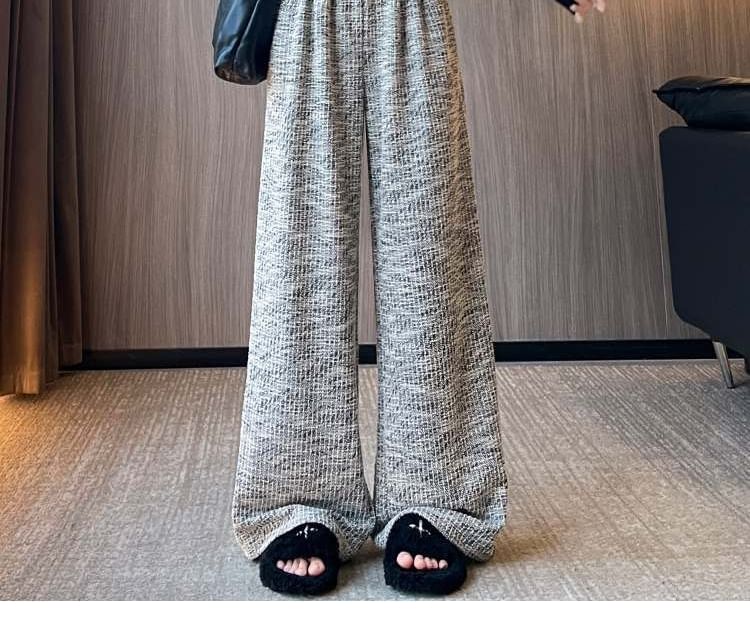 Dovitade - Hoge taille tweed broek met wijde pijpen