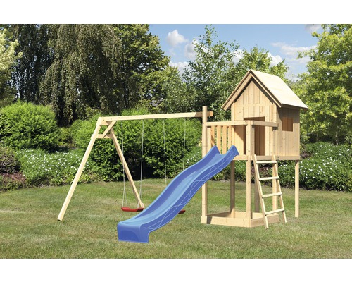 AKUBI Frieda houten speelhuis op palen met zandbak, dubbele schommel, glijbaan, blauw