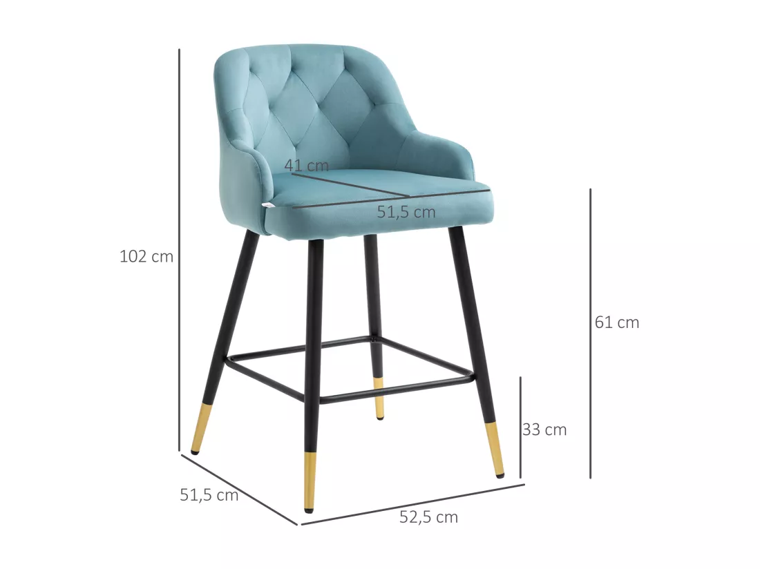 Lot de 2 tabourets de bar design Chesterfield effet capitonné piètement métal effilé noir extrémités dorées repose-pied aspect velours bleu