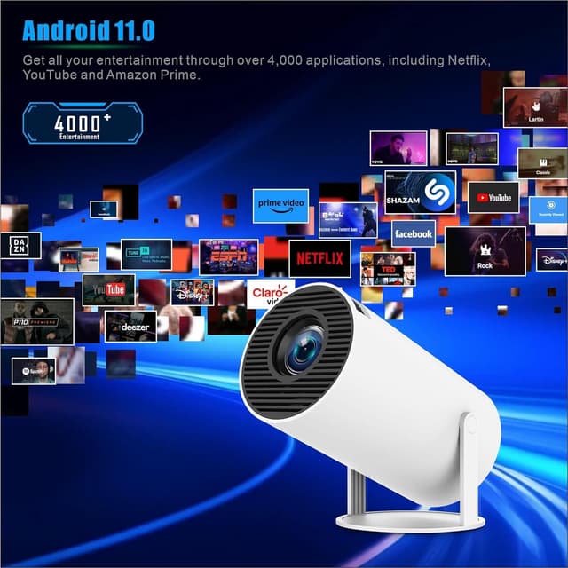 NÖRDIC Mini Portable Projector – 720p HD-understøttelse, Android 11, WiFi 6, BT 5.0, 180° rotation, hjemmebiografprojektor